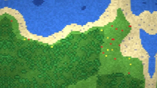 A single frame from the rough flight: a small, noisy, slightly blurred patch of grass and water