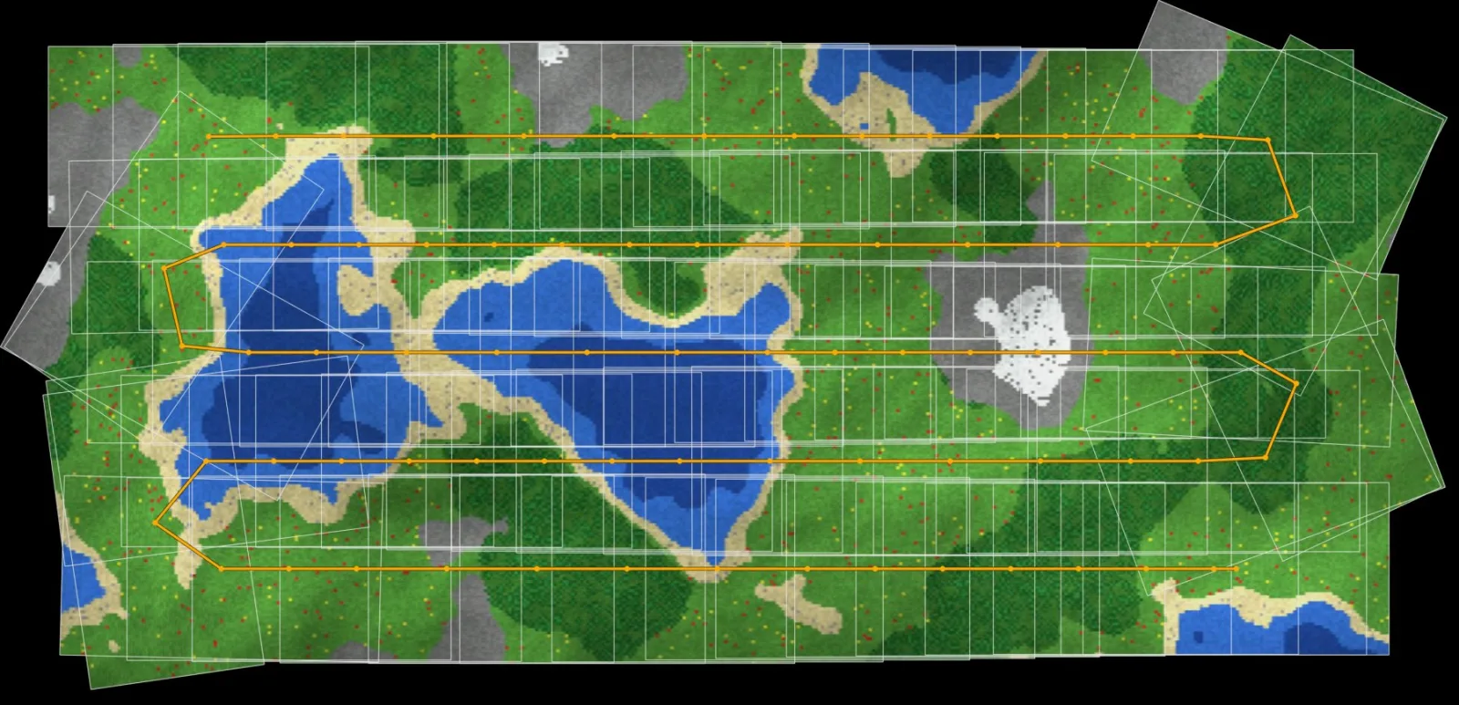 The stitched map overlaid with rectangular keyframe footprints and an orange lawnmower flight track with five passes