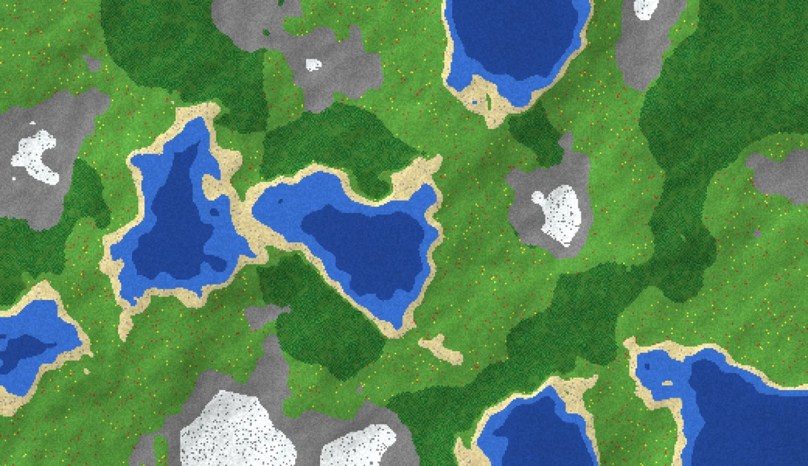 Ground truth voxel world seen from directly above: lakes, beaches, forest, rock and snow