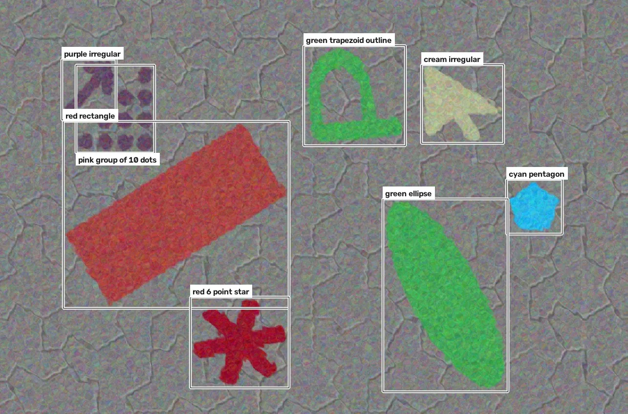 Painted shapes on a cracked gray texture, each boxed and labeled: red rectangle, cyan pentagon, green ellipse, red six point star, green arch outline, a group of ten dots